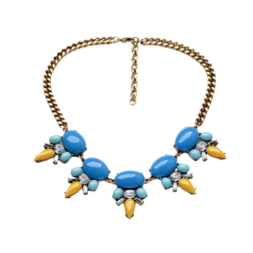 Bold Blue & Yellow Statement Necklace – Acrylic Stones & Crystals on Chunky Gold